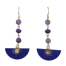185.  Pendientes largos  con semicírculo de lapislázuli que pende de esferas de amatista