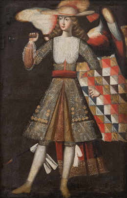 833.  ANÓNIMO, CUZCO - PERÚ, SIGLO XVIIIArcángel Gabriel con la Wiphala o estandarte multicolor ajedrezado (anverso) y San Miguel arcángel (reverso)