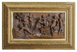 547.  Moises salvado de las aguas del Nilo y la Presentación de Jesús en el temploRelieve de madera tallada.Italia, S. XVI.