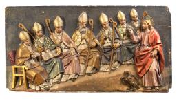 1256.  San Juan con las siete iglesias del Apocalipsis.Relieve de madera tallada, policromada y dorada.España, S. XVII.