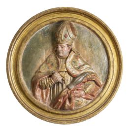 1201.  Tondo con San Antilano de Zamora.Relieve de madera tallada, policromada y dorada y esgrafiada.España, S. XVI.