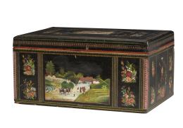 1237.  Caja de madera lacada con decoración de escenas de campo, motivos religiosos y florales.Olinalá, México, fechada 1908.