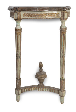 1108.  Consola Carlos IV de madera tallada, policromada y dorada con tapa de mármol.España, h. 1800.