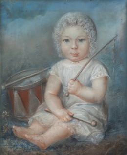 836.  ESCUELA FRANCESA, SIGLO XIXRetrato de niña con tambor sobre un paisaje