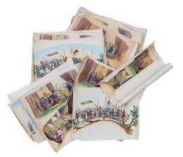 726.  Lote de 56 papeles con dibujos para países de abanico.S. XIX.