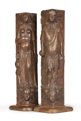 1146.  Hombre y mujer en madera tallada.Quizás trabajo flamenco, S. XVII.