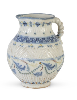 1063.  Jarra de bola de cerámica esmaltada en azul, verde, amarillo con asa sogueada.Talavera, h. 1800.