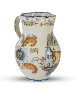 1065.  Jarro de cerámica de la serie alcoreña del chaparro y esmaltes polícromos.Talavera, (1770- 1795).