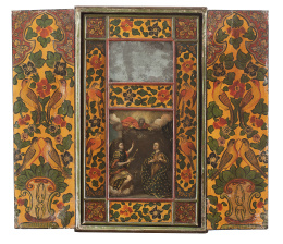 822.  ESCUELA ESPAÑOLA o COLONIAL, H. 1700AnunciaciónMontado en un altar portátil en madera tallada y policromada con decoración de pájaros y flores de época posterior.