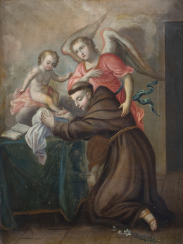 824.  ESCUELA MEXICANA, SIGLO XVIIISan Antonio de Padua besando los pies del Niño Jesús y ángel
