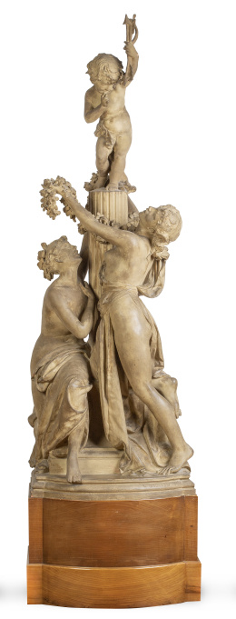 1264.  Luca Madrassi (Italia, 1848-1919).Alegoría con dos figuras femeninas y putti.Proyecto en barro para el ayuntamiento de París. Firmado.