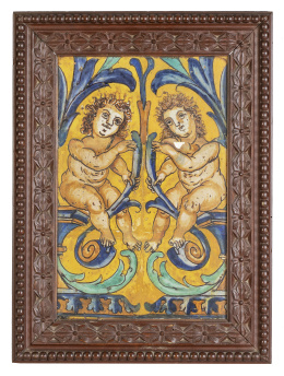 1148.  Panel de seis azulejos de cerámica esmaltada, con dos niños afrontados sobre fondo amarillo.Sevilla, S, XVI.