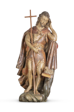 1295.  San Juan Bautista y el cordero.Escultura de madera tallada, policromada y dorada.Trabajo español, S. XVIII.