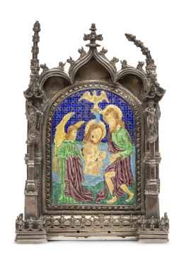 1316.  Portapaz de plata y esmalte con el bautismo de Cristo. Con marcas iguales en la base y en la trasera.Daroca, Aragón, S. XVI.