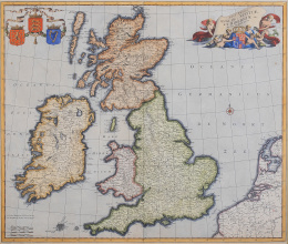766.  FREDERICK DE WIT (1629 - 1706)Mapa de las Islas Británicas con cartela figurativa y estandarte con escudos de armas.