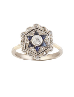 127.  Sortija hexagonal Art-Decó con centro de brillante y zafiros talla triangular que dibujan flor, rodeada de diamantes