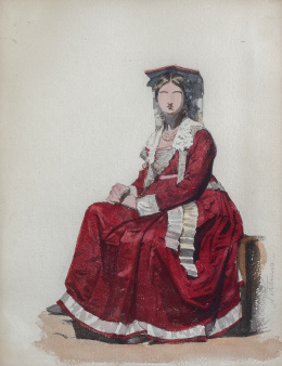 846.  FEDERICO DE MADRAZO Y KUNTZ  (Roma, 1815 - Madrid, 1894)Estudio de traje regional italiano: mujer sentada con vestido rojo decorado con cintas blancasRoma, h. 1839- 1842
