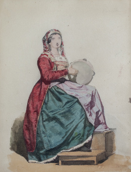 845.  FEDERICO DE MADRAZO Y KUNTZ  (Roma, 1815 - Madrid, 1894)Estudio de traje regional italiano: mujer sentada tocando un panderoRoma, h. 1839- 1842