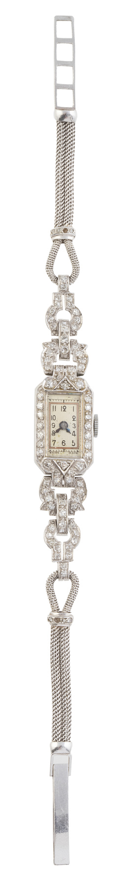 118.  Reloj de pulsera para señora Art-Decó de platino y  brillantes con pulsera de cordoncillo 