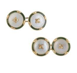 49.  Gemelos dobles franceses de pp. S. XX con doble botón de nácar enmarcados con esmalte verde