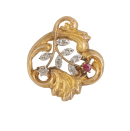 100.  Colgante francés con diseño vegetal con hojitas de diamantes, de oro y un rubí