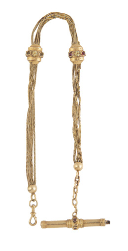 88.  Leontina francesa Napoleón III S. XIX, realizada con cuatro cordones trenzados unidos por pasadores decorados con flores y rubíes