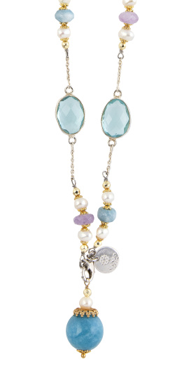 215.  Conjunto de collar y pulsera de topacios azules de talla oval, combinados con perlas y amatistas
