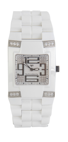422.  Reloj TECHNOMARINE cuadrangular modelo UF6 de acero y cerámica blanca con brillantes. Referencia 06096611