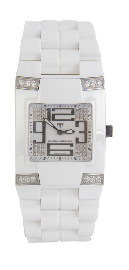 422.  Reloj TECHNOMARINE cuadrangular modelo UF6 de acero y cerámica blanca con brillantes. Referencia 06096611