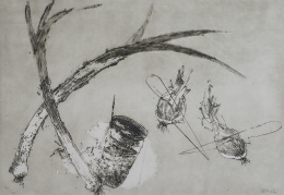 1021.  MIQUEL BARCELÓ (Felanitx, 1957)Tres Bodegones: Puerros, cebollas, cuchillos y vaso