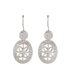 285.  Pendientes largos con brillantes en óvalos calados con rosetón superior