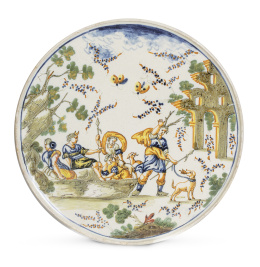 1222.  Salvilla de cerámica esmaltada con escena de la antigüedad.Italia, h. 1730