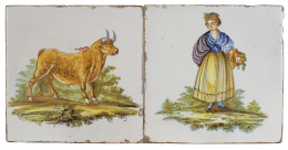 1123.  Dama con cesto y toro.Dos azulejos de cerámica esmaltada.Alcora, pp. del S. XIX.