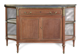 1170.  Aparador de media luna, de estilo Luis XVI de madera con tapa de mármol y aplicaciones de latón.S. XX.