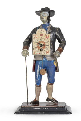 739.  "Vendedor ambulante de relojes".Reloj de metal policromado.Selva Negra, Alemania, pp. del S. XX.