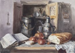 869.  VICENTE PASTOR CALPENA (Aspe, Alicante, 1918 - Madrid, 1993)Bodegón con pan, 1987