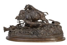 1160.  Ferdinand Pautrot* (1832-1874)."Jabalí atacado por perros".Escultura de bronce. Firmada "Pautrot".