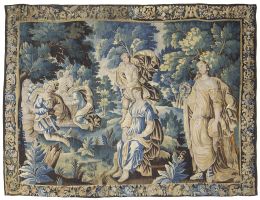 639.  Tapiz en lana con escena narrativa con figuras de la antigüedad y cenefa con flores y aves.Aubusson, S. XVII.