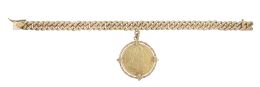 110.  Pulsera con cadena de eslabón barbado, con moneda colgante de 4 escudos Carlos III 1787  