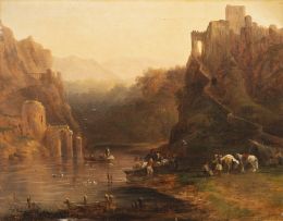 828.  GENARO PÉREZ VILLAAMIL Y DUGUET (El Ferrol, La Coruña, 1807-Madrid, 1854)Paisaje con contrabandistas