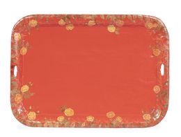 634.  Bandeja con asas de latón pintado de rojo con flores amarillas.S. XIX.