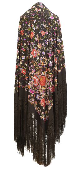 1179.  Mantón de "Manila" en seda marrón bordado en hilos de color con aves, peonías y flores.Finales del S. XIX - principios del S. XX.