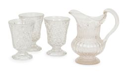 1273.  Lote de jarro y tres vasos de cristal tallado traslúcido a molde.Fábrica de Cifuentes, Pola y Cía, Gijón (1844-1912).