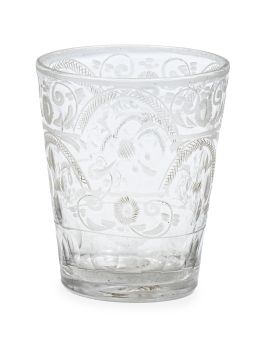 501.  Vaso troncocónico de vidrio transparente con decoración grabada de flores entre arcos.La Granja, S. XVIII.