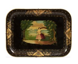 632.  Bandeja rectangular de latón pintado y dorada con dama en paisaje.h. 1830-1840.