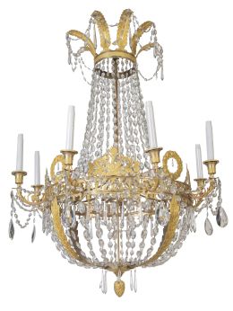 660.  Lámpara imperio de ocho luces bronce dorado y cristal.Francia, principios del S. XIX