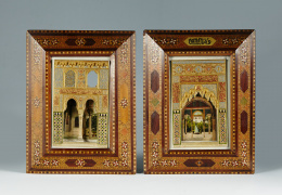 375.  Rafael RusMaqueta de puerta de la Alhambra en yeso policromado, dorado y columna de alabastro, con marco de taracea en hueso y madera.Trabajo granadino, firmado y fechado, 1920..