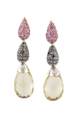 235.  Pendientes largos con lágrimas de zafiros rosas y brillantes negros de los que penden perilla de citrino facetado