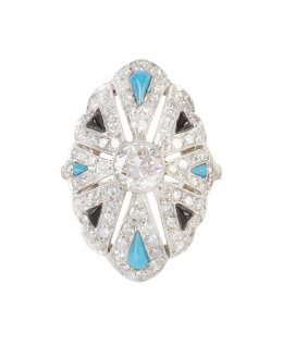 300.  Sortija lanzadera estilo Art-Decó de brillantes, turquesas y ónix, con brillante en chatón central de 0,60 ct aprox