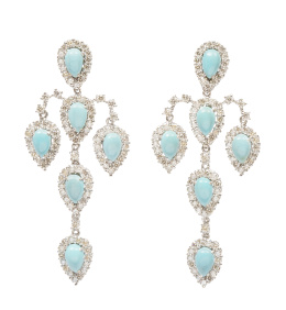 297.  Pendientes largos chandelier de turquesas y brillantes, con diseño de gotas articuladas colgantes